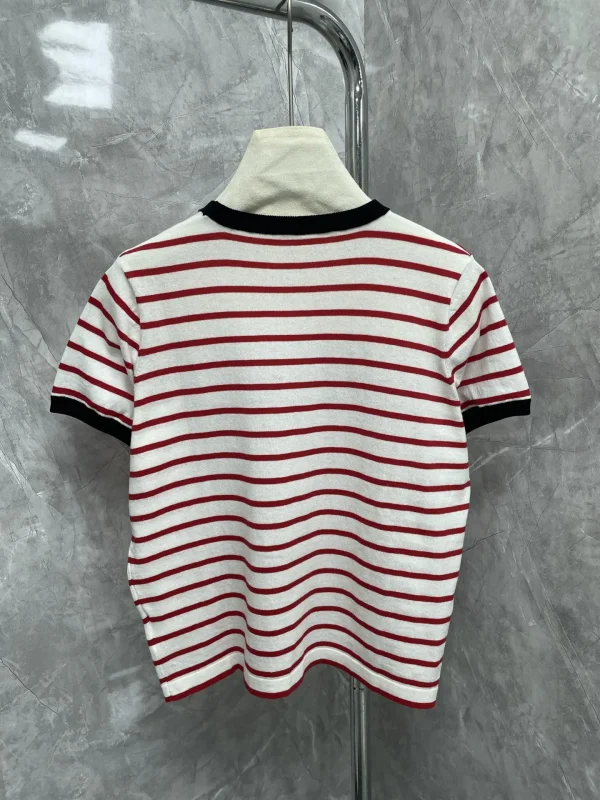 25 Summer New Women's High Quality Hooded Round Neck Knitted Striped Fashionable Short T-shirt Top