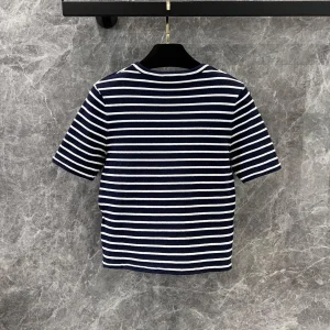 25 summer new women's high quality pure cotton striped short-sleeved T-shirt round neck knitted sweater top