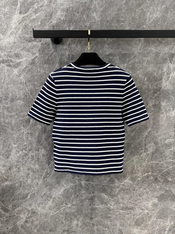 25 summer new women's high quality pure cotton striped short-sleeved T-shirt round neck knitted sweater top
