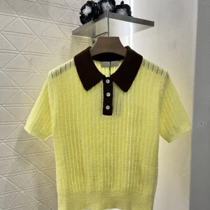2025 Women T-shirt New Semi-open Vertical Pit Crochet Lapel Color Women Knit Top