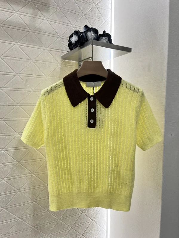 2025 Women T-shirt New Semi-open Vertical Pit Crochet Lapel Color Women Knit Top