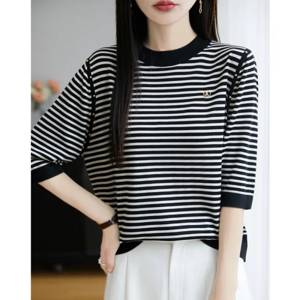 Tencel fashion round neck stripe with brooch ice silk short-sleeved T-shirt summer new Korean style chic slimming knitted top - Image 4
