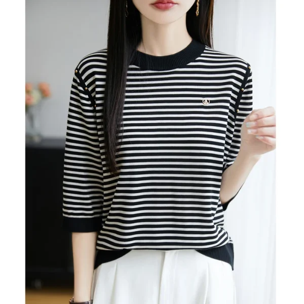 Tencel fashion round neck stripe with brooch ice silk short-sleeved T-shirt summer new Korean style chic slimming knitted top - Image 5