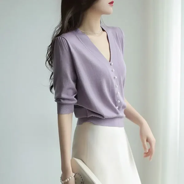 Women 2025 Summer New V-neck Knitted T Shirts Female Thin Short Sleeve Tops Tees Ladies Solid Color Pullover T-shirt N263 - Image 3