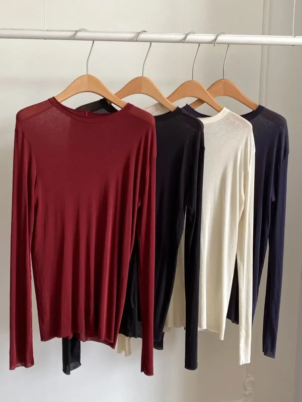 Women 2025 Summer New Natural Skin-skin Round Neck Cotton Micro-transparent Sun Protection Long-sleeved T-shirt - Image 2