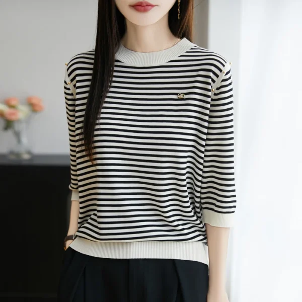 Tencel fashion round neck stripe with brooch ice silk short-sleeved T-shirt summer new Korean style chic slimming knitted top - Image 2