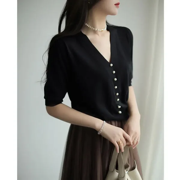 Women 2025 Summer New V-neck Knitted T Shirts Female Thin Short Sleeve Tops Tees Ladies Solid Color Pullover T-shirt N263 - Image 5
