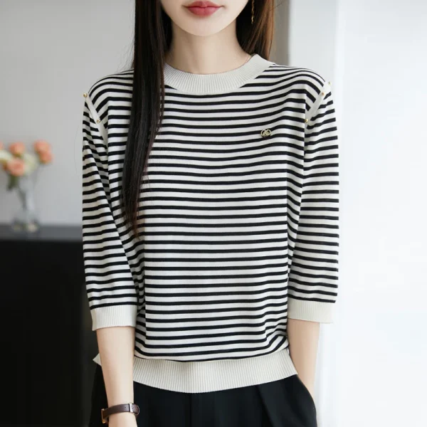Tencel fashion round neck stripe with brooch ice silk short-sleeved T-shirt summer new Korean style chic slimming knitted top - Image 3