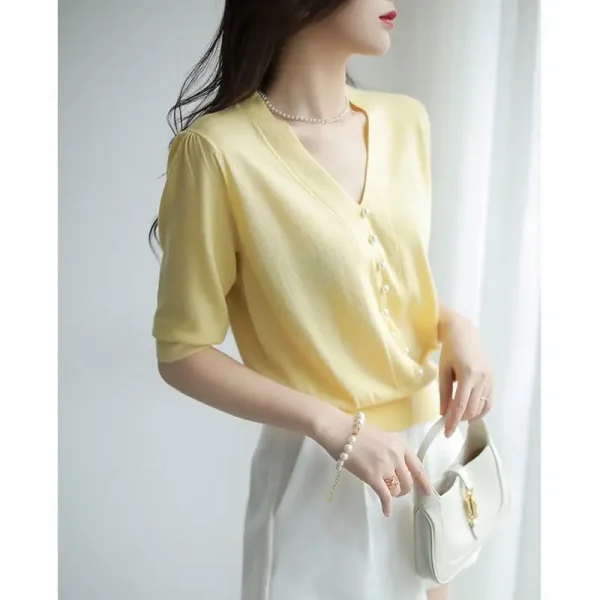 Women 2025 Summer New V-neck Knitted T Shirts Female Thin Short Sleeve Tops Tees Ladies Solid Color Pullover T-shirt N263 - Image 4