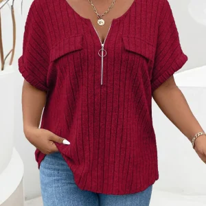 2025 Spring and Summer New Solid Color Large Size Women's Tops Zipper Short Sleeve Fake Pocket Pullover T-shirt Loose